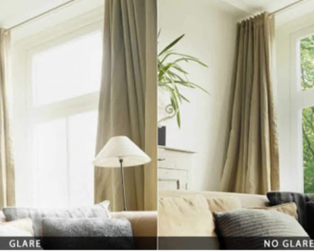 Specialty window film comparison showing glare reduction